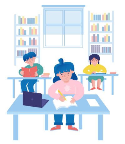 illustration of three children reading in a school