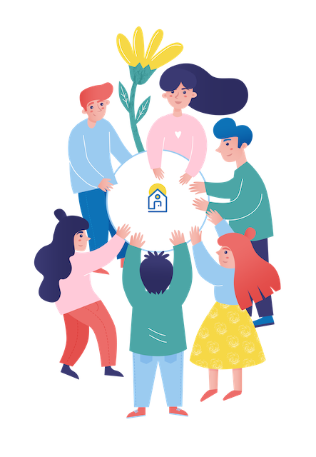 a group of people in a circle with a house logo in the center