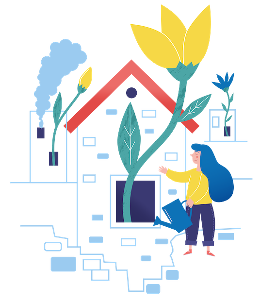 an illustration of a woman watering the plant growing from a house